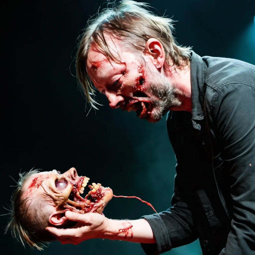 Prompt: A zombie riot during a Radiohead concert, thom yorke eats one of the zombie's head