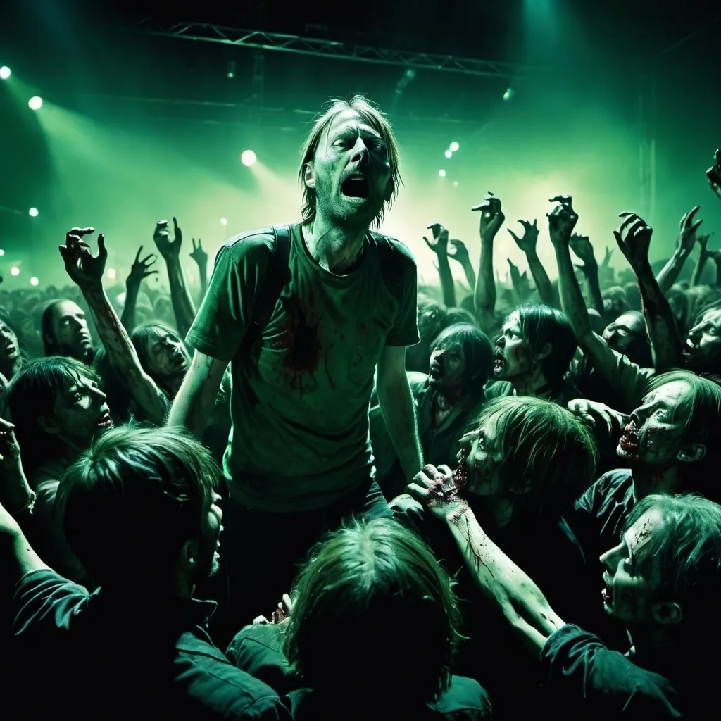 Prompt: A zombie riot during a Radiohead concert, thom yorke eats one of the zombie's head