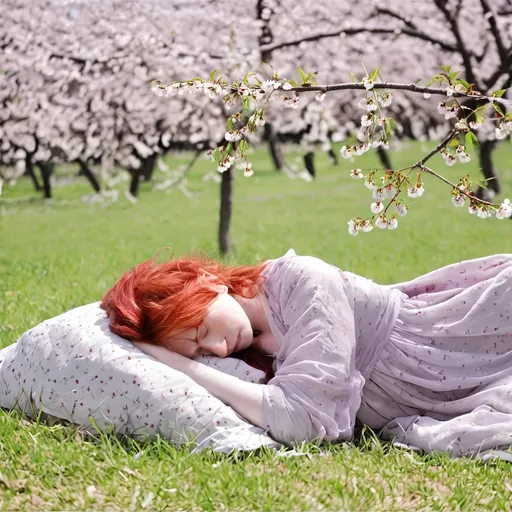 Prompt: A red haired woman sleeping under a cherry tree