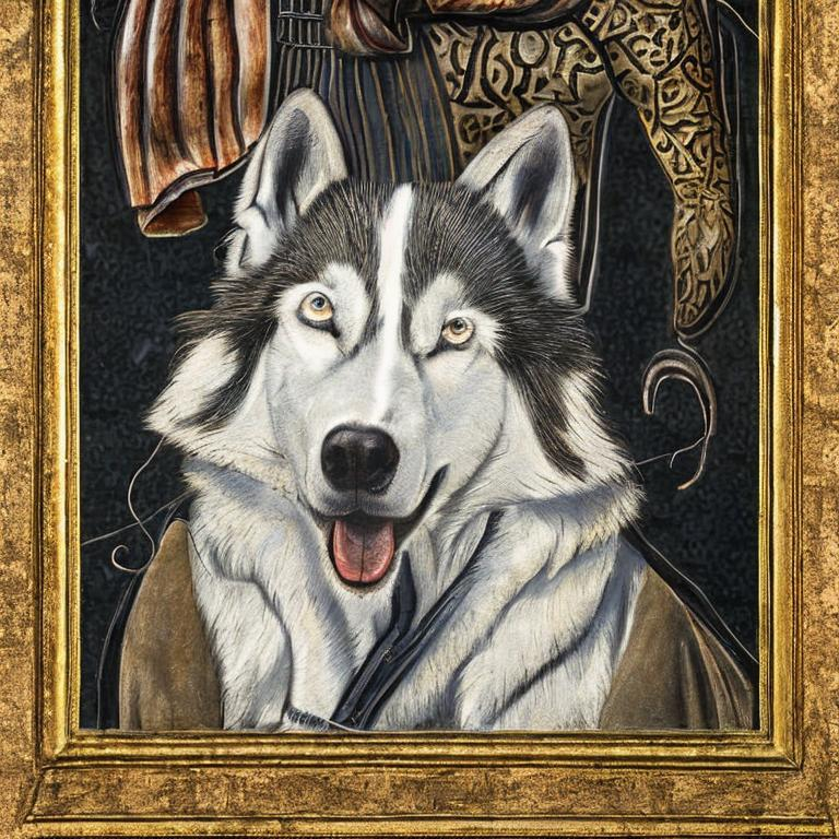 Prompt: A huskey dog in the style of Sandro Botticelli