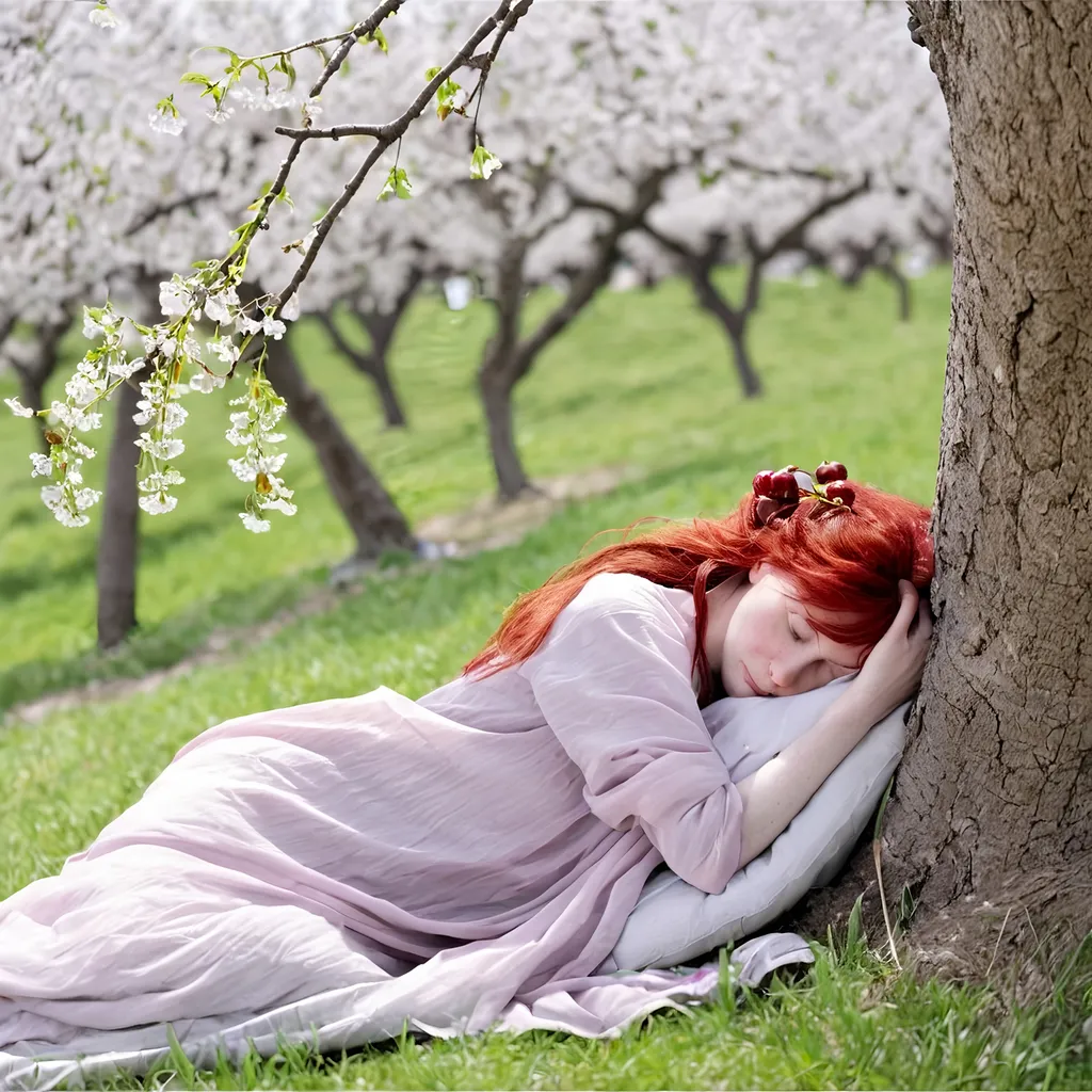 Prompt: A red haired woman sleeping under a cherry tree