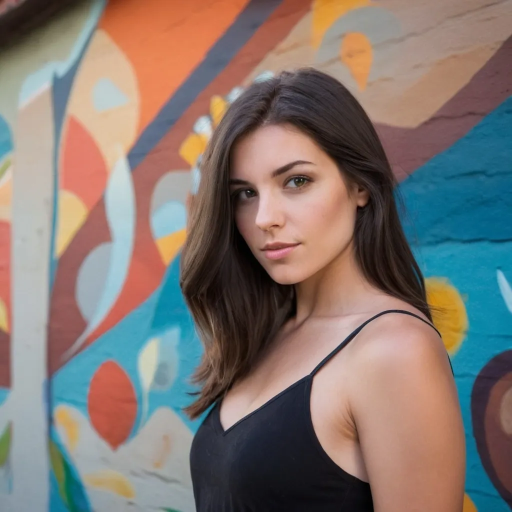 Prompt: pretty Brunette female with art mural in the background