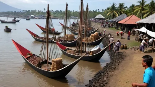 Prompt: People are seen milling about trading spices on the shores of the Indonesian harbor and there are traditional Dutch ships from the 17th century.