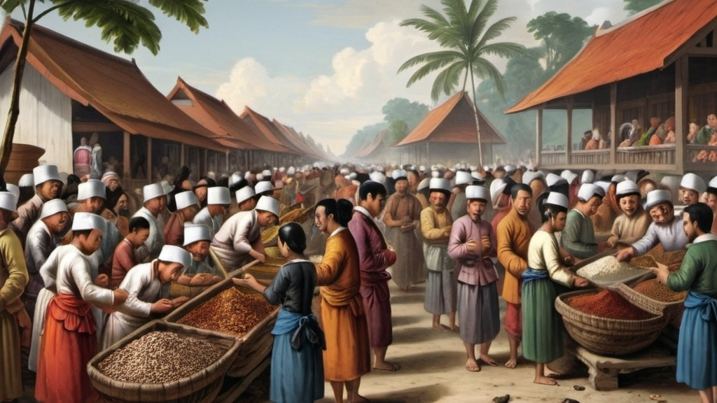 Prompt: Crowds of people trading Indonesian spices during the 17th century