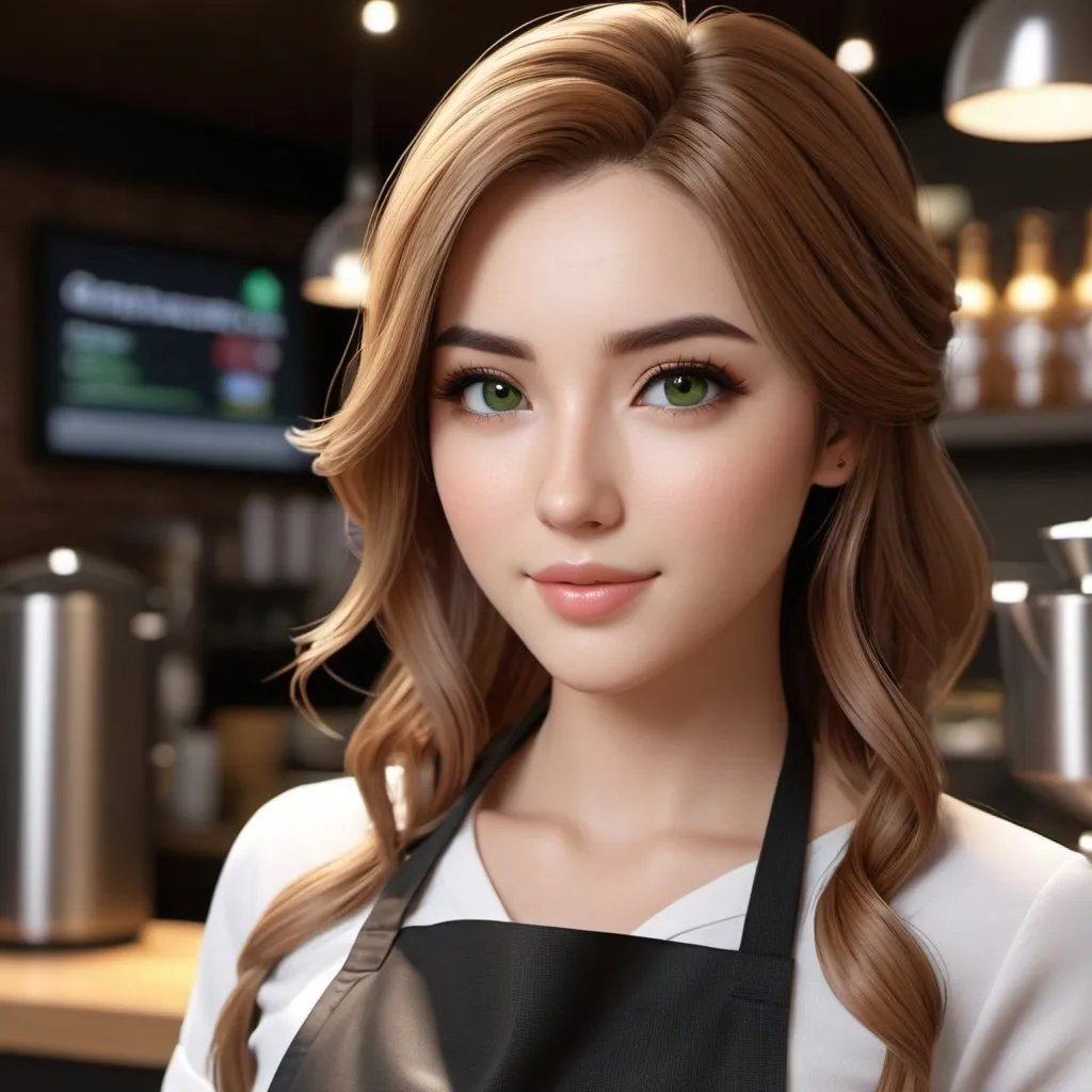 Prompt: {{professional best award-winning masterful stylistic anime style character-design in closeup highest quality}} :: {{{{hyperrealistic hyperdetailed hyperstylized aesthetic attractive stunning feminine intense young adult barista woman love gazing directly at camera with long wavy lightbrown hair and green eyes wearing barista-apron}}} :: hyperrealistic perfect dramatic cinematic volumetric raytraced lighting, rtx, dlsr, depth of field, 30mm lens, 1/250s, f/2.8, ISO 300 --q 2 --s 500