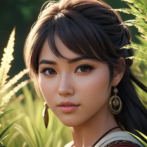 Prompt: {{professional best masterful stylistic anime style character-design as UHD 4k 8k 64k highest quality award-winning closeup masterpiece}} :: {{{{hyperrealistic hyperdetailed hyperstylized aesthetic attractive feminine young adult painted tribal woman love gazing directly at camera secretly mysteriously through tall grass blade bushes}}} :: hyperrealistic perfect dramatic cinematic volumetric raytraced lighting, rtx, dlsr, depth of field --q 8 --s 50000
