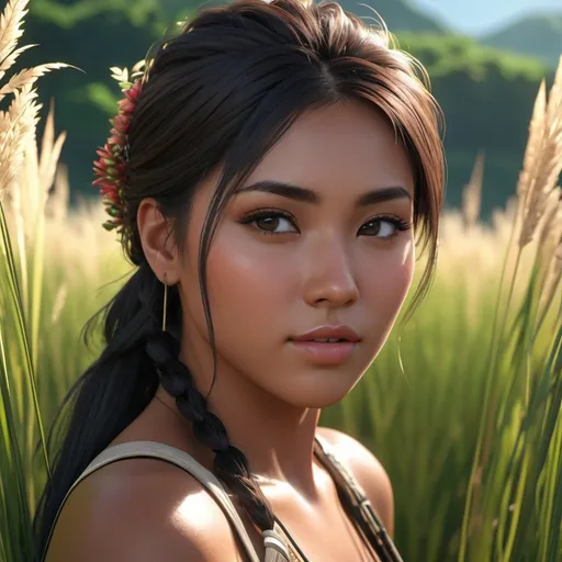Prompt: {{professional best masterful stylistic anime style character-design as UHD 4k 8k 64k highest quality award-winning closeup masterpiece}} :: {{{{hyperrealistic hyperdetailed hyperstylized aesthetic attractive feminine young adult painted tribal woman love gazing directly at camera secretly mysteriously through tall grass blade bushes}}} :: hyperrealistic perfect dramatic cinematic volumetric raytraced lighting, rtx, dlsr, depth of field --q 8 --s 5000