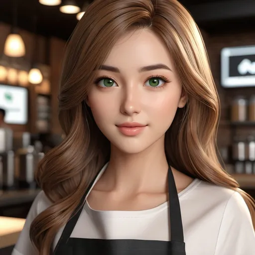 Prompt: {{professional best award-winning masterful stylistic anime style character-design in closeup highest quality}} :: {{{{hyperrealistic hyperdetailed hyperstylized aesthetic attractive stunning feminine intense young adult barista woman love gazing directly at camera with long wavy lightbrown hair and green eyes wearing barista-apron}}} :: hyperrealistic perfect dramatic cinematic volumetric raytraced lighting, rtx, dlsr, depth of field, 30mm lens, 1/250s, f/2.8, ISO 300 --q 2 --s 500
