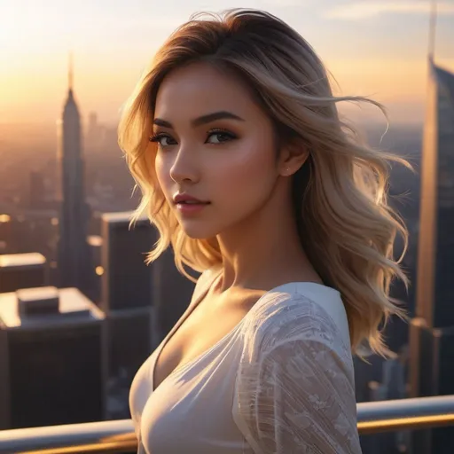 Prompt: {{professional best masterful stylistic anime style character-design as UHD 4k 8k 64k highest quality award-winning closeup masterpiece}} :: {{{{hyperrealistic hyperdetailed hyperstylized aesthetic attractive feminine young adult woman love gazing directly at camera gracefully dramatically dancing ontop of a skyscraper skyline-view during golden hour sunset}}} :: hyperrealistic perfect dramatic cinematic volumetric raytraced lighting, rtx, dlsr, depth of field, 30mm lens, 1/250s, f/2.8, ISO 300 --q 2 --s 500