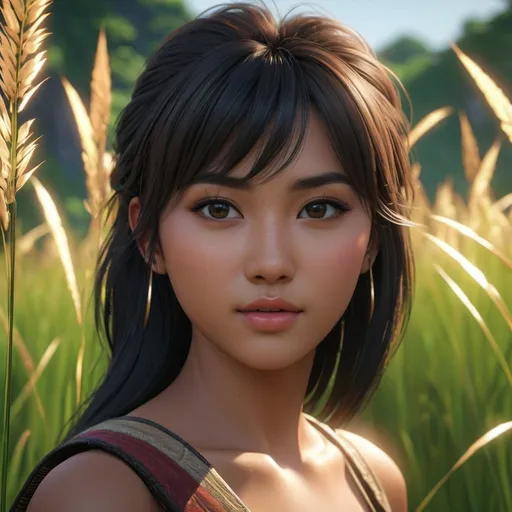 Prompt: {{professional best masterful stylistic anime style character-design as UHD 4k 8k 64k highest quality award-winning closeup masterpiece}} :: {{{{hyperrealistic hyperdetailed hyperstylized aesthetic attractive feminine young adult painted tribal woman love gazing directly at camera secretly mysteriously through tall grass blade bushes}}} :: hyperrealistic perfect dramatic cinematic volumetric raytraced lighting, rtx, dlsr, depth of field --q 8 --s 50000