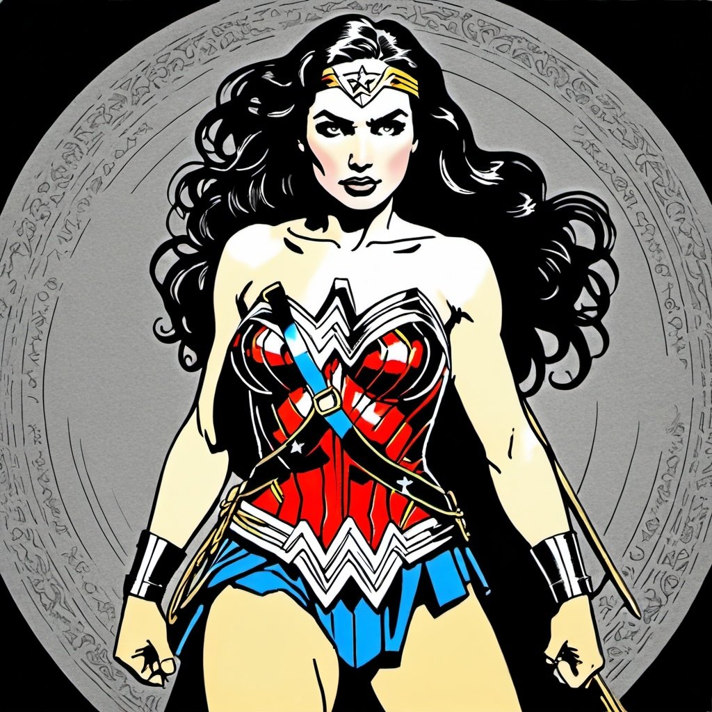 Wonder Woman, style of Gustave Doré, drawing on cros...