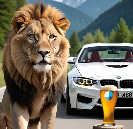 Prompt: Generate a epic picture with a lion that roars in bavaria, while drinking beer an eating pork nuckles in the background a bmw sports car