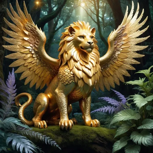 Prompt: A majestic, never-before-seen mythical creature that blends elements of a lion, an eagle, and a dragon, with shimmering iridescent scales, feathered golden wings, and a gentle, playful expression. The creature is resting in an enchanted forest surrounded by magical glowing plants and trees