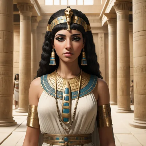 Prompt: A realistic, humanized portrayal of Cleopatra, depicted in simple yet elegant Egyptian garments with subtle makeup and natural hair. She has an approachable expression, standing in an ancient yet serene palace setting, surrounded by elements that reflect her wisdom and grace.