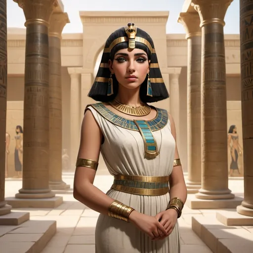 Prompt: A realistic, humanized portrayal of Cleopatra, depicted in simple yet elegant Egyptian garments with subtle makeup and natural hair. She has an approachable expression, standing in an ancient yet serene palace setting, surrounded by elements that reflect her wisdom and grace.