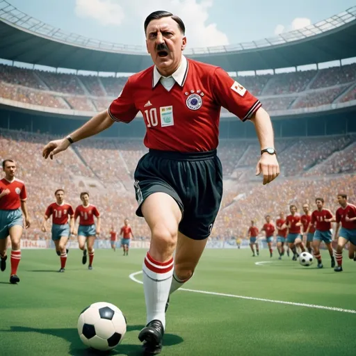 Prompt: A surreal scene of Adolf Hitler, depicted in a modern soccer stadium, dressed in a soccer uniform instead of military attire. He is awkwardly attempting to play soccer, with an intense, focused expression as he chases the ball. The scene is bright and colorful, with a vibrant crowd in the background, and the contrast between his historical persona and the lighthearted, athletic environment creates a strange, almost humorous atmosphere.