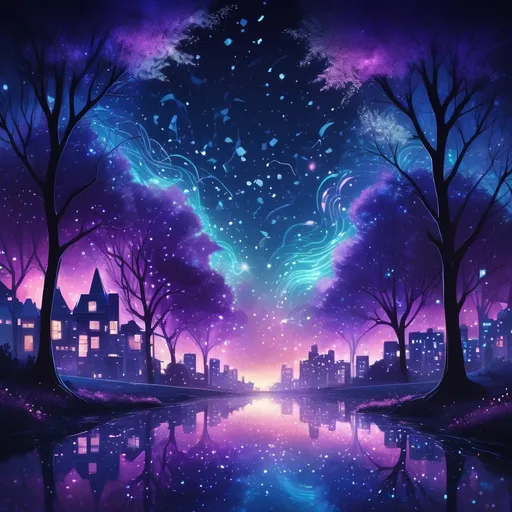 Prompt: An ethereal, nighttime scene with a dark sky filled with shimmering stars. In the foreground, glowing glitter sparkles like stardust, swirling through the air. Silhouettes of trees or city buildings fade into the background, while soft, glowing neon lights reflect off the ground. The atmosphere is magical and dreamlike, with a mix of deep blues, purples, and hints of gold. The overall mood is mysterious, enchanting, and vibrant, evoking a sense of wonder and surreal beauty."