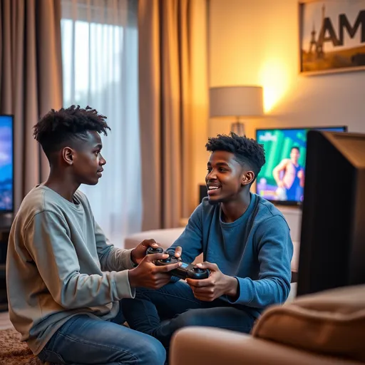 Prompt: 2 senegalese boy gamer with a nice  game console enjoyingto play on TV in very nice tv room  in thier free style life 