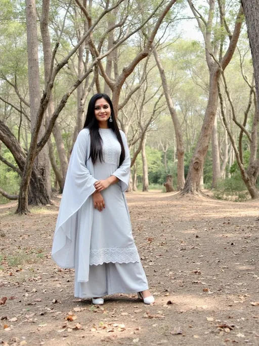 Prompt: Amidst a serene forest backdrop, a young woman stands gracefully, dressed in a light gray traditional ensemble that features delicate lace detailing. Her long hair cascades down her back, and a subtle red bindi adorns her forehead, adding a pop of color against her soft attire. The surrounding woodland is marked by tall trees with sun-dappled foliage and scattered dry leaves on the ground, suggesting a warm, sunny day. The composition emphasizes her poised stance, with her slight smile conveying a sense of tranquility and connection to nature. The overall mood is one of serenity and beauty, blending traditional elements with the peacefulness of the natural environment.