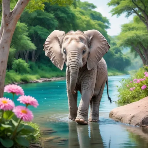 Prompt: Baby elephant walking near a river with blue crystal clear water lined with beautiful trees full of vibrant green leaves, background scene is filled with pretty pastel coloured flowers