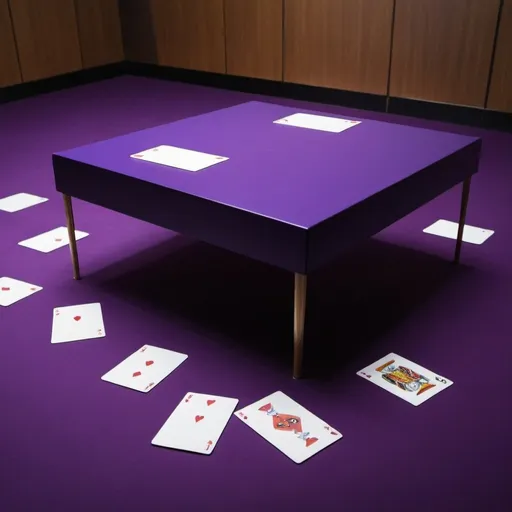 Prompt: Purple table hovering in a room with cards on the floor