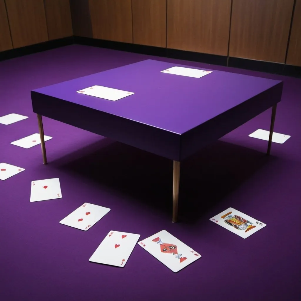 Prompt: Purple table hovering in a room with cards on the floor