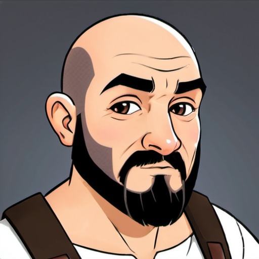 Prompt: Chippi dwartf, bald,medium dark beard,cartoon