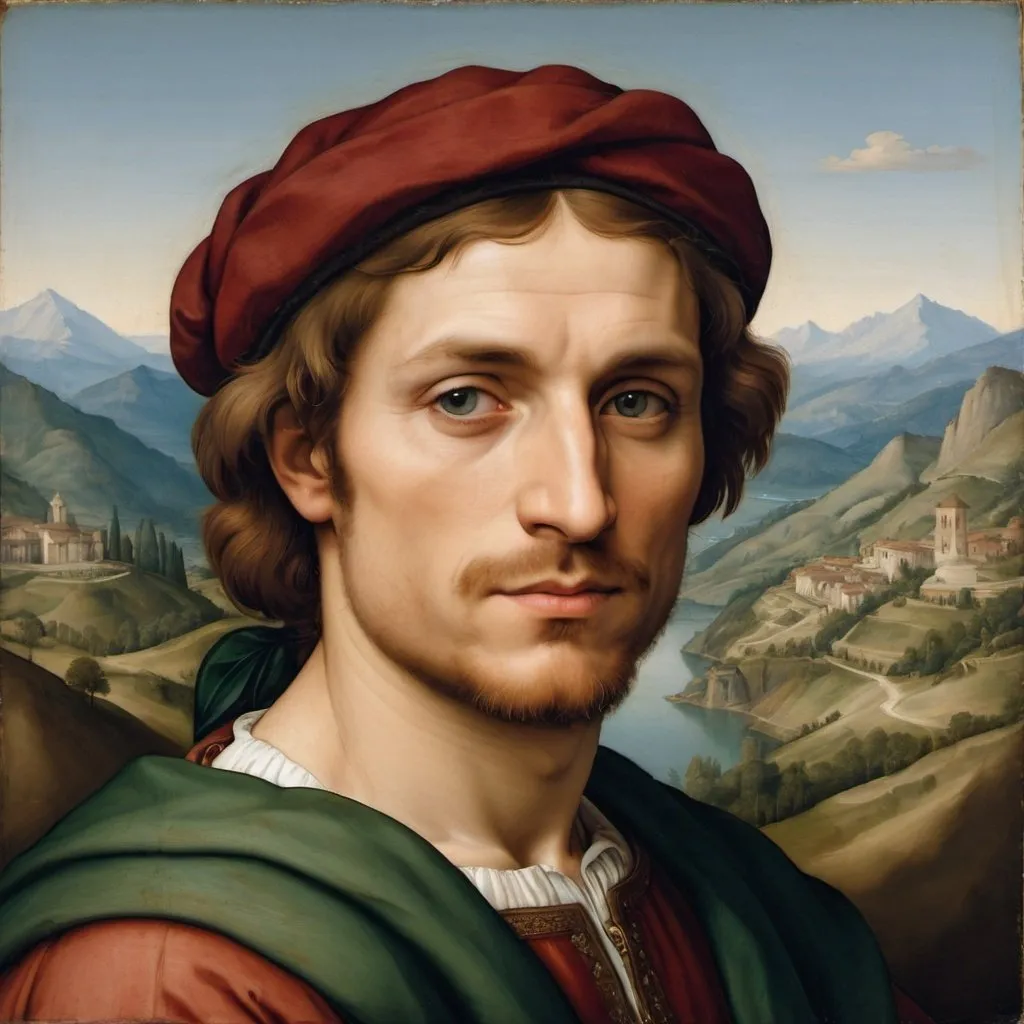 Prompt:  A painted portrait of a man in the style of Italian Renaissance painter Raphael with mountains in the background
