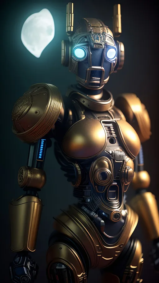 Prompt: Ultra Long Exposure Photography of cybernetic robot with Blue Red Bolt,golden and bronze skin, descended from a faraway royalty in another galaxy. The robot's body is adorned with golden ornaments made out of intricate fractal patterns that form a somewhat armor around their body. juxtaposting a dystopian scene, with stars, planets, and nebulae. The image is glowing with energy and contrast. Inspired by artgem, superhero, and sci-fi. Camera medium shot, 50mm lens, front view. The shot should be a full-body view that Inspired by artgem, superhero, and sci-fi. Camera medium shot, 50mm lens, front view. Render 24k resolution, highly detailed,dark colors, cinematic lighting,UHD 24k. use a high-resolution camera such as the Sony A7R IV with a macro lens such as the Sony FE 90mm f/2.8 Macro G OSS --ar 2:3 --v 6.0 --style raw