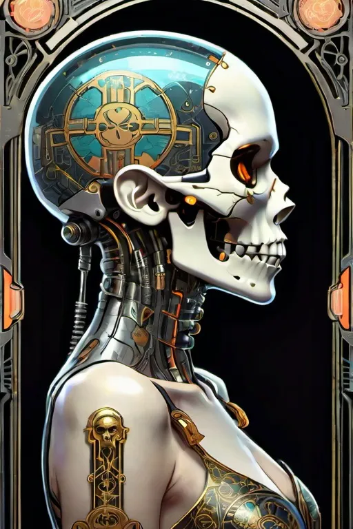 Prompt: tarot card with intricate detailed frame around the outside |side profile of cyberpunk body with cyborg skull | cyberpunk | styled in Art Nouveau | insanely detailed | embellishments | high definition | concept art | digital art | vibrant