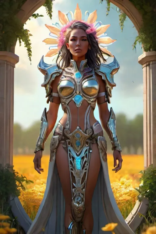 Prompt: hyperrealistic full length portrait of gorgeous goddess |detailed frame around the outside |standing in field full of flowers | detailed gorgeous face!! | full body!! | skimpy armor | god rays | intricate | elegant | realistic | hyperrealistic | cinematic | character design | concept art | highly detailed | illustration | digital art | digital painting | depth of field| cyberpunk | styled in Art Nouveau | insanely detailed | embellishments | high definition | concept art | digital art | vibrant