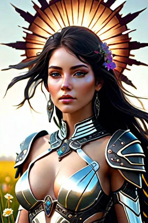 Prompt: hyperrealistic full length portrait of gorgeous goddess |detailed frame around the outside |standing in field full of flowers | detailed gorgeous face!! | full body!! | skimpy armor | god rays | intricate | elegant | realistic | hyperrealistic | cinematic | character design | concept art | highly detailed | illustration | digital art | digital painting | depth of field| cyberpunk | styled in Art Nouveau | insanely detailed | embellishments | high definition | concept art | digital art | vibrant