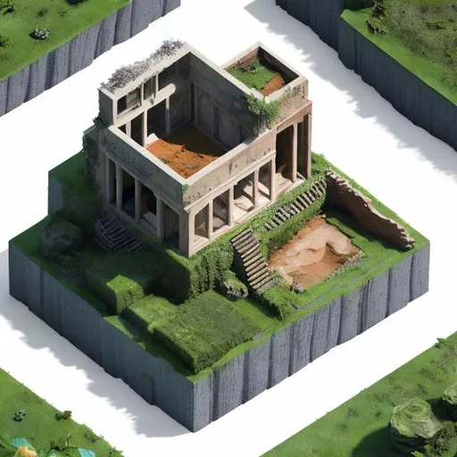 Prompt: 
Imagine an intricately detailed, hyper realistic, cube ground is like cut within where soil formation can be seen in the cut, in isometric view of a house (describe the house), White background, It evokes a sense of story and character within the scene.