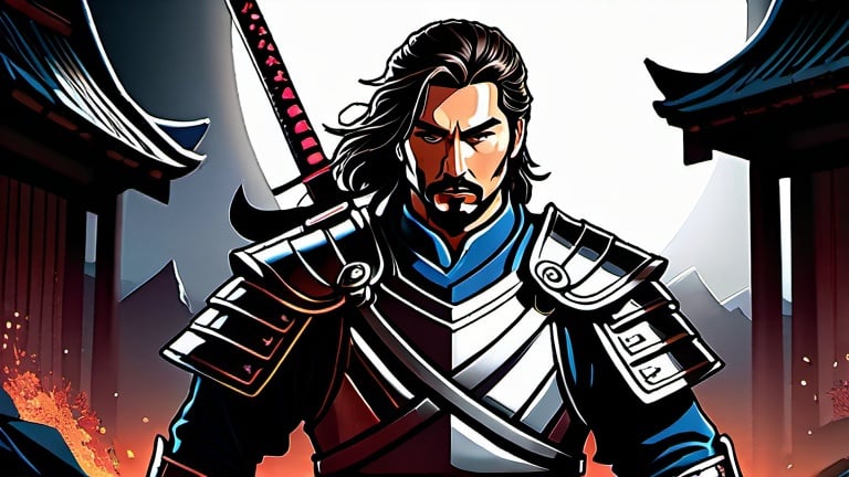 Prompt: (((Dan mumford))), screenprinting of ultra detailed portrait of Jhon wick as a samurai in metallic black and silver armor. high quality cell shaded illustration in post apocalyptic style by dan mumford, ((full body)), dynamic pose, perfect anatomy, centered, freedom, soul, silver long hair, approach to perfection, cell shading, 4k , cinematic dramatic atmosphere, watercolor painting, global illumination, detailed and intricate environment, artstation, concept art, fluid and sharp focus, volumetric lighting, cinematic lighting, Art by dan mumford,