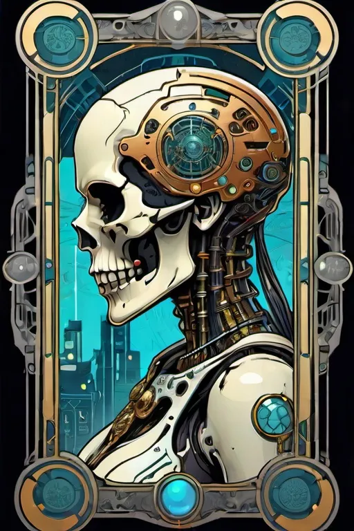 Prompt: tarot card with intricate detailed frame around the outside |side profile of cyberpunk body with cyborg skull | cyberpunk | styled in Art Nouveau | insanely detailed | embellishments | high definition | concept art | digital art | vibrant