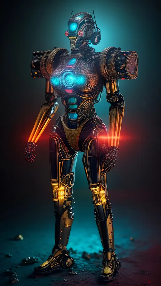 Prompt: Ultra Long Exposure Photography of cybernetic robot with Blue Red Bolt,golden and bronze skin, descended from a faraway royalty in another galaxy. The robot's body is adorned with golden ornaments made out of intricate fractal patterns that form a somewhat armor around their body. juxtaposting a dystopian scene, with stars, planets, and nebulae. The image is glowing with energy and contrast. Inspired by artgem, superhero, and sci-fi. Camera medium shot, 50mm lens, front view. The shot should be a full-body view that Inspired by artgem, superhero, and sci-fi. Camera medium shot, 50mm lens, front view. Render 24k resolution, highly detailed,dark colors, cinematic lighting,UHD 24k. use a high-resolution camera such as the Sony A7R IV with a macro lens such as the Sony FE 90mm f/2.8 Macro G OSS --ar 2:3 --v 6.0 --style raw