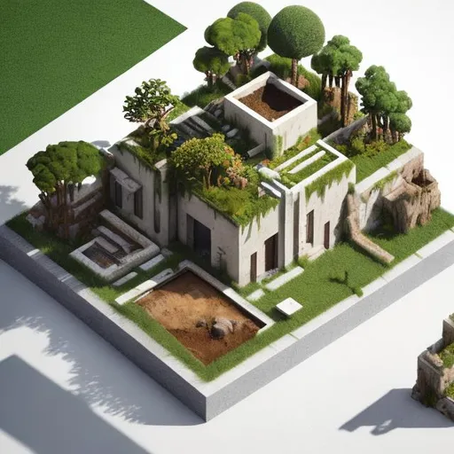 Prompt: 
Imagine an intricately detailed, hyper realistic, cube ground is like cut within where soil formation can be seen in the cut, in isometric view of a house (describe the house), White background, It evokes a sense of story and character within the scene.