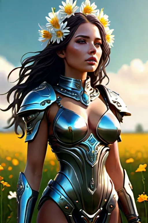 Prompt: hyperrealistic full length portrait of gorgeous goddess |detailed frame around the outside |standing in field full of flowers | detailed gorgeous face!! | full body!! | skimpy armor | god rays | intricate | elegant | realistic | hyperrealistic | cinematic | character design | concept art | highly detailed | illustration | digital art | digital painting | depth of field| cyberpunk | styled in Art Nouveau | insanely detailed | embellishments | high definition | concept art | digital art | vibrant