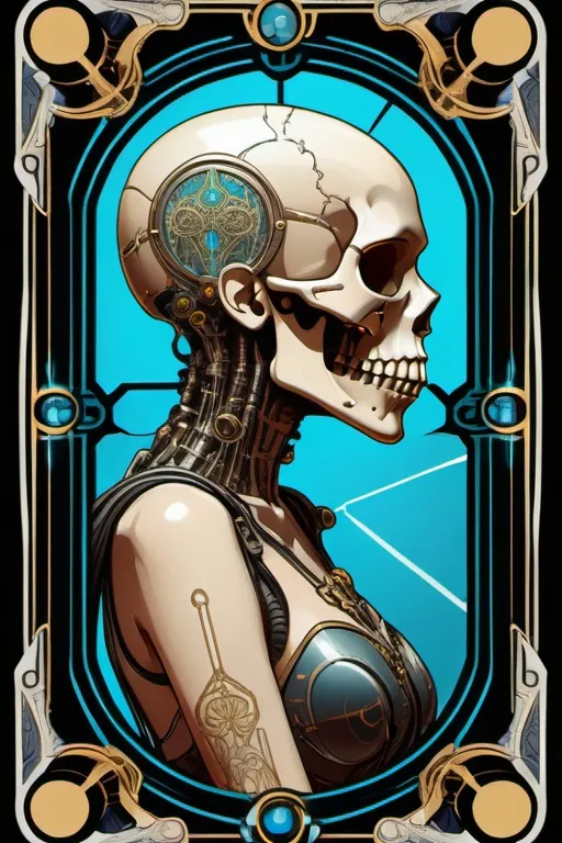 Prompt: tarot card with intricate detailed frame around the outside |side profile of cyberpunk body with cyborg skull | cyberpunk | styled in Art Nouveau | insanely detailed | embellishments | high definition | concept art | digital art | vibrant