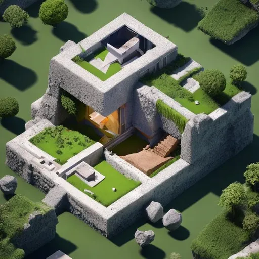 Prompt: 
Imagine an intricately detailed, hyper realistic, cube ground is like cut within where soil formation can be seen in the cut, in isometric view of a house (describe the house), White background, It evokes a sense of story and character within the scene.