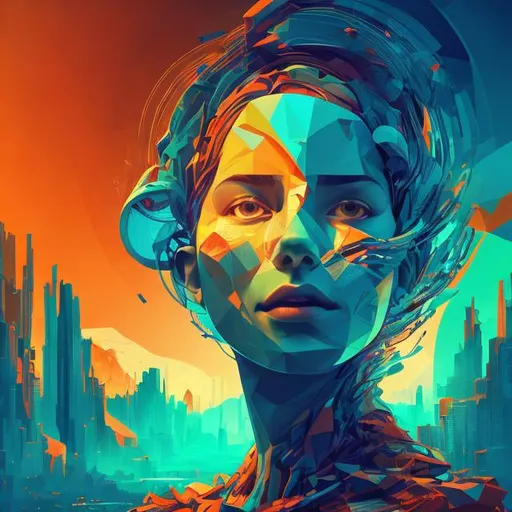 Prompt: Generate expressive visuals using algorithmic sway, artificially beautiful illustration of female head, in the style of max rive, layering, and vibrant colors for vitality. Intertwine geometric patterns to achieve harmonious complexity. light cyan and orange, android jones, mind-bending sculptures, 32k uhd, city portraits, cubo-futurism


 
