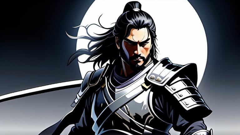 Prompt: (((Dan mumford))), screenprinting of ultra detailed portrait of Jhon wick as a samurai in metallic black and silver armor. high quality cell shaded illustration in post apocalyptic style by Yoji Shinkawa, ((full body)), dynamic pose, perfect anatomy, centered, freedom, soul, silver long hair, approach to perfection, cell shading, 4k , cinematic dramatic atmosphere, watercolor painting, global illumination, detailed and intricate environment, artstation, concept art, fluid and sharp focus, volumetric lighting, cinematic lighting, Art by dan mumford,