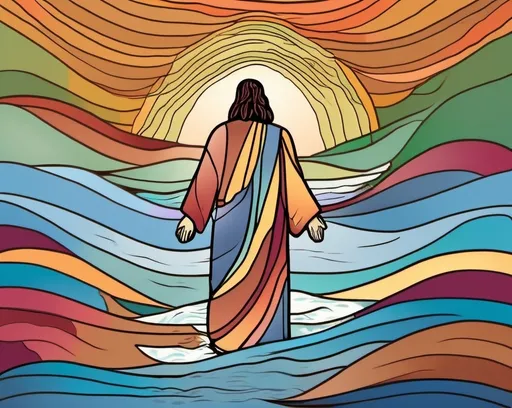 Prompt: Jesus walking on water, water is made of colorful leaf like thin waves, Jesus is drawn from the back in a minimalistic line style and where Jesus walks the waves are more dispersed