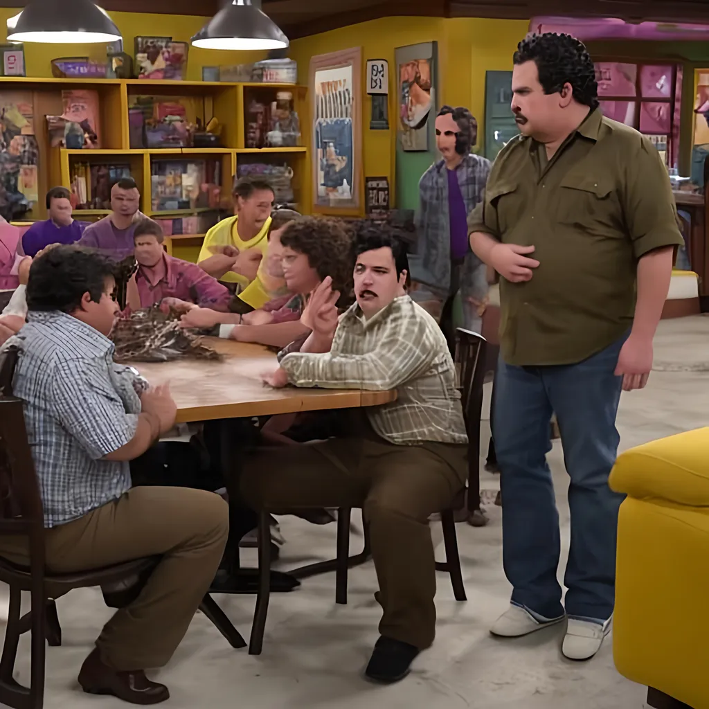 Prompt: screen grab from an episode of Icarly, Gibby is to the right conversating with Pablo Escobar a notorious drug lord. Pablo Escobar has a copstache and short but curly black hair  that has been parted from the top right, he is wearing a white collar shirt. the captions are in yellow on the bottom that says "Im here for a good time not a long time"