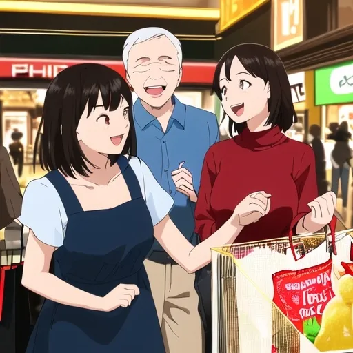 Prompt: Amidst a bustling indoor shopping mall, a group of four friends gathers close, captured in a moment filled with smiles and camaraderie. Their attire reflects a mix of casual and slightly formal styles, with one woman in a blue dress, another in a bright red top, and the others in complementary patterns, suggesting a cheerful outing. The lively atmosphere is accentuated by the store displays in the background, illuminated by soft lighting creating a warm ambiance. The photograph is framed to show the friends joyfully posing for the camera, glancing toward the lens, as a text overlay hints at a sentiment of nostalgia or celebration, noting the passage of five years. The overall mood is one of happiness and shared memories, perfectly encapsulating a joyful reunion.