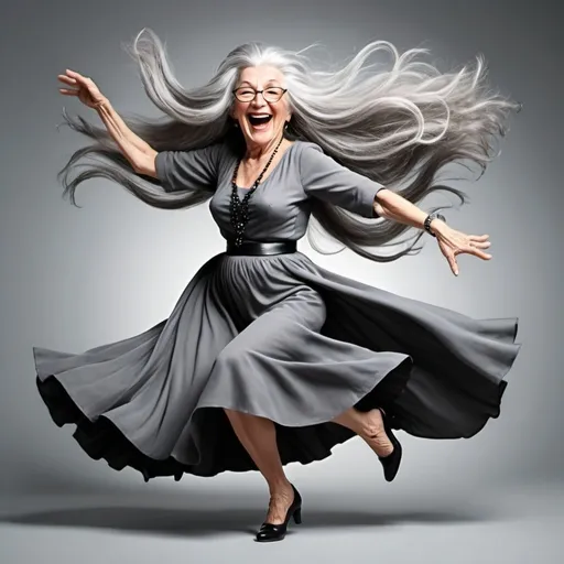 Prompt: Whimsical beautiful older cartoon woman with long flowing grey hair dancing to rock and roll music