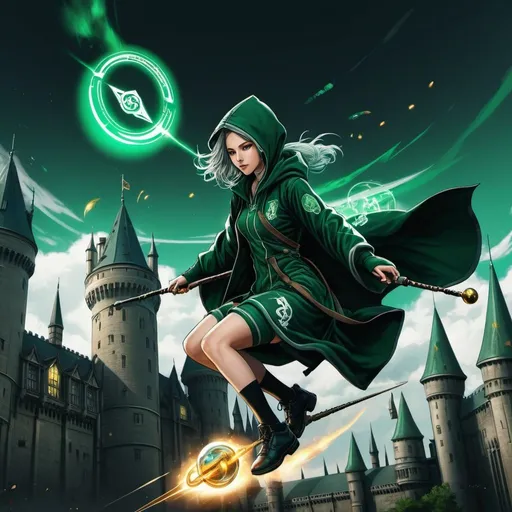 Prompt: Anime cyberpunk style, woman in Slytherin hooded robe, flying on a broomstick between her legs playing quidditch, highly detailed, HD, dark background with Hogwarts castle