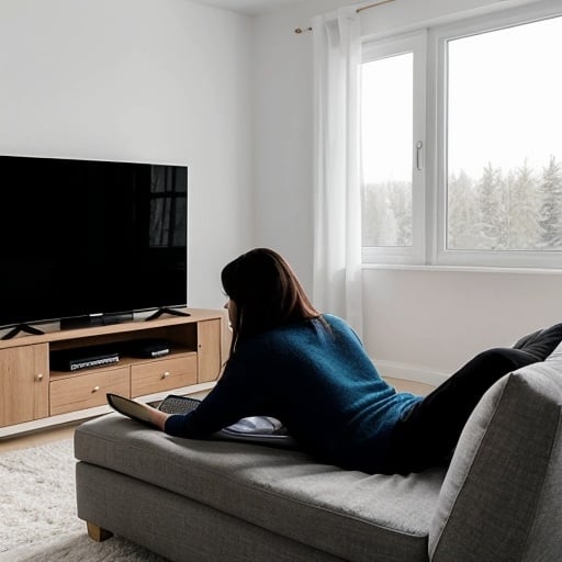 Prompt: A woman is lying on the couch watching movies on a TV, covered up with a blanket