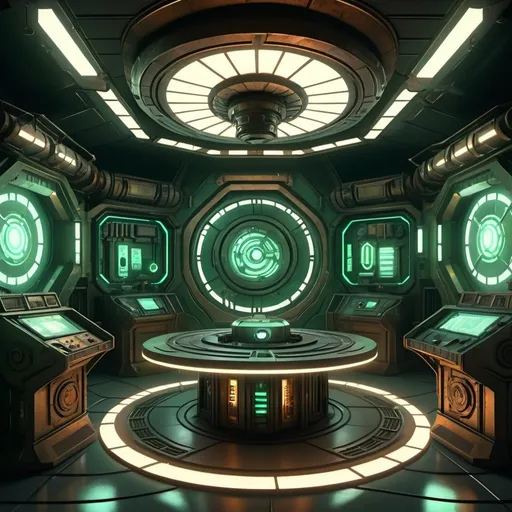 Prompt: Anime cyberpunk style,  highly detailed, HD, Tardis Interior design: Sci-fi, steampunk, eclectic
Color scheme: Bronze, gold, green hues
Central console: Hexagonal shape, retro-futuristic controls, levers, switches, glowing lights
Time rotor: Central column, glowing, moving up and down
Console room: Spacious, circular, multi-level
Walls: Organic texture, coral-like, roundels (circular patterns)
Lighting: Ambient, soft glow, moody
Floor: Grated metal, industrial look
Details: Alien technology, screens, cables, random gadgets
Atmosphere: Mystical, advanced technology, timeless

