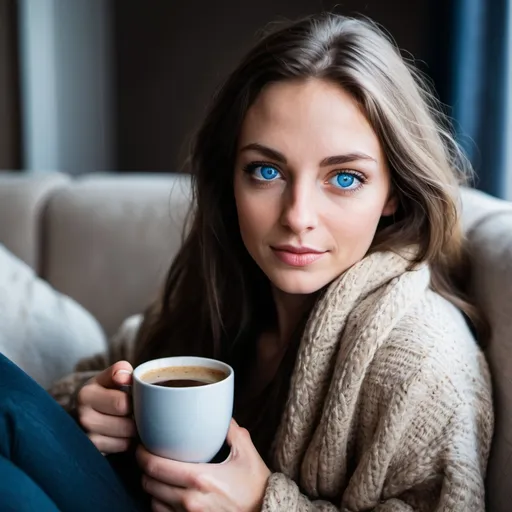 Prompt: An beautiful woman with dark blue eyes, snuggled up on the couch with a cup of coffee.

